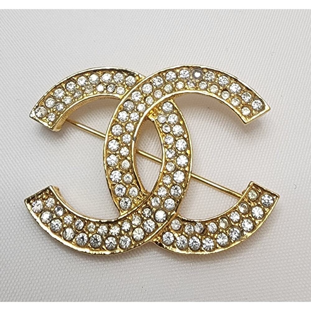 US Based Authentic Vintage CHANEL Crystal Bling CC Brooch Pin w gift bag